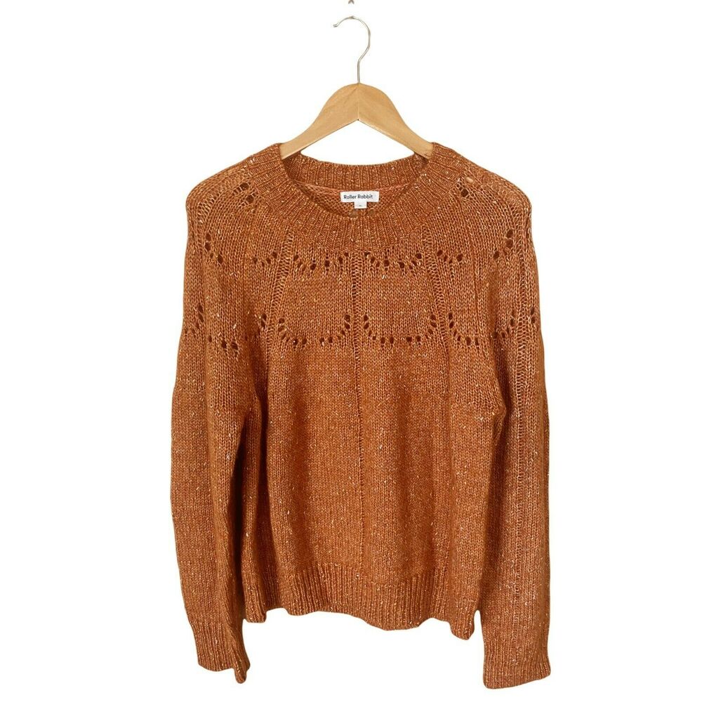 ROLLER RABBIT Velma Sweater Burnt Orange Alpaca Crew Neck Open-Knit Crew Neck